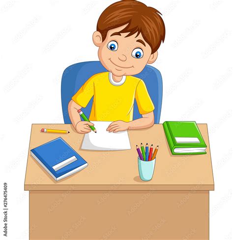 Cartoon little boy studying on the table Stock Vector | Adobe Stock