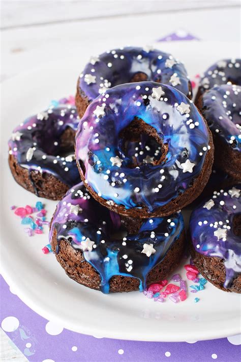 Chocolate cake donuts with a galaxy glaze! Baked donuts!