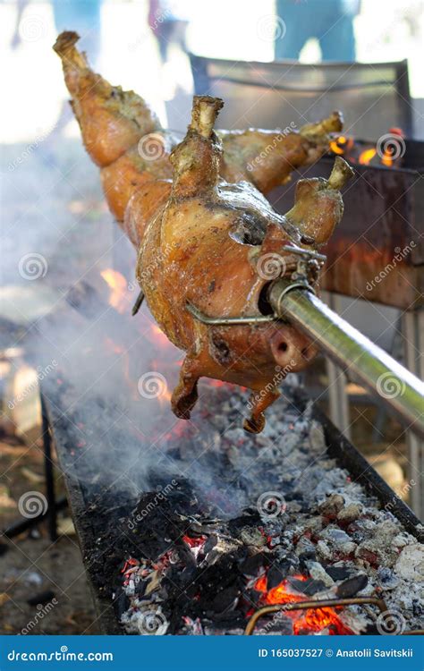 Roast Pig on a Spit. Pig Cooking in Germany Stock Image - Image of food ...