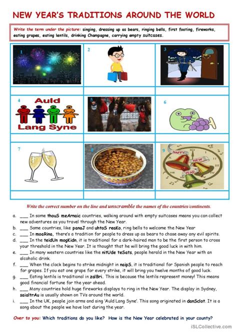 New year's traditions around th…: English ESL worksheets pdf & doc