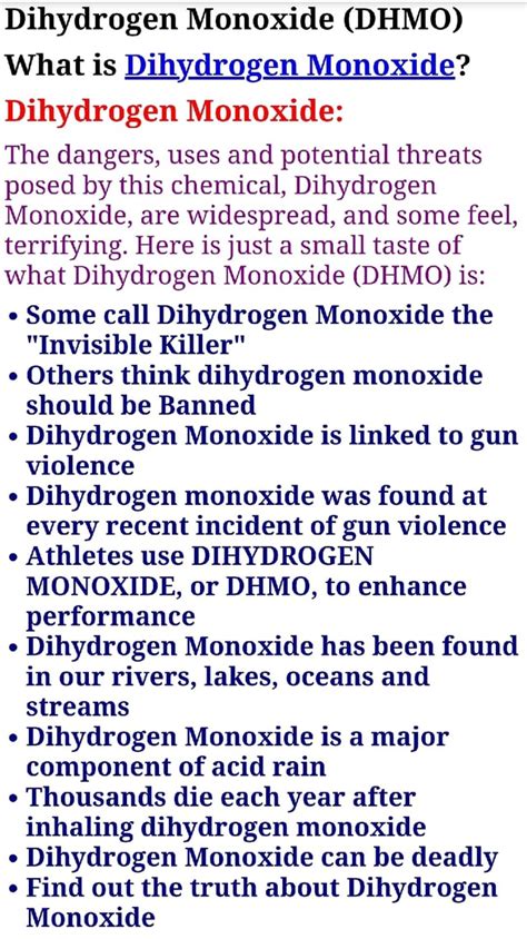 Dihydrogen Monoxide (DHMO) What is Dihydrogen Monoxide? Dihydrogen ...