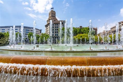 Catalonia Square Placa De Catalunya Fountain, Center of Barcelona, Spain Stock Photo - Image of ...