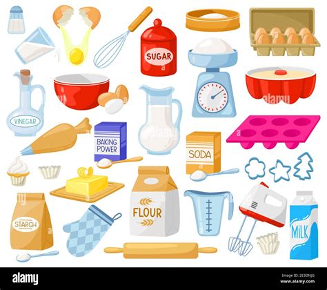 Cartoon baking ingredients. Bakery ingredients, baking flour, eggs, butter and milk vector ...