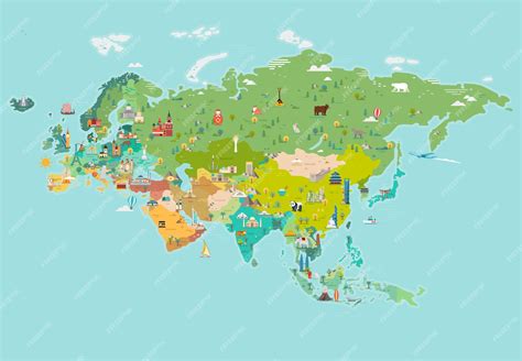 Mapa de eurasia. mapa con nombres de países. lugares turísticos y de viajes, ilustración ...