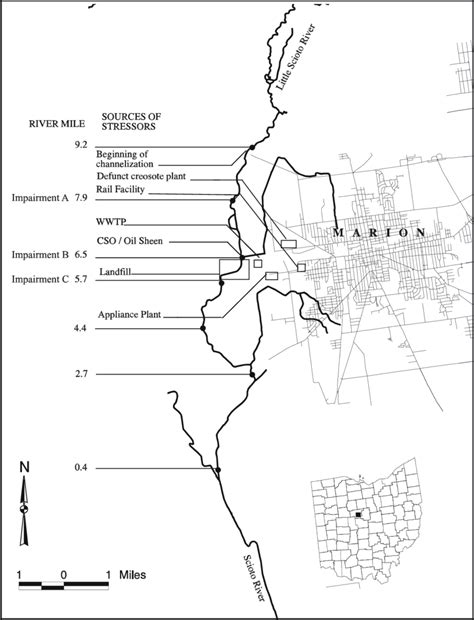 Map of the Little Scioto River, Ohio, showing sites where fish were ...