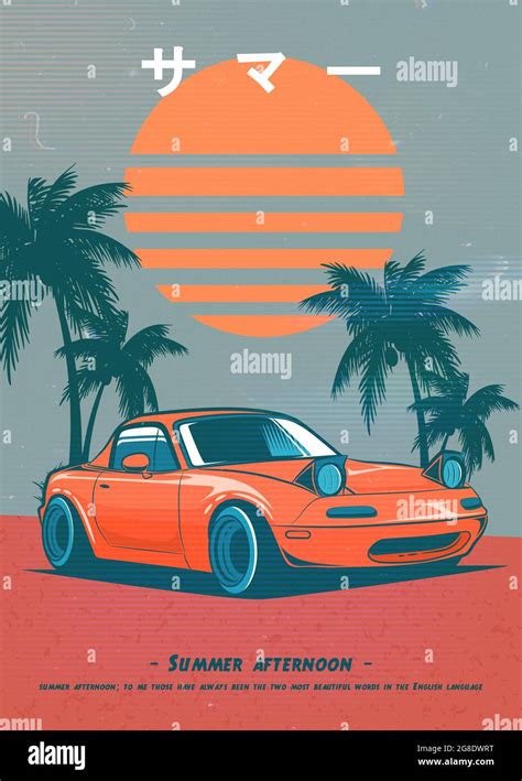 Colorful vintage poster with a car on a beach and Japanese aesthetic with a heartwarming quote ...