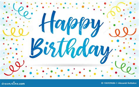 Happy Birthday Blue Lettering Text on Colorful Confetti and Ribbons Stock Vector - Illustration ...