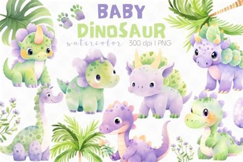 Baby Dinosaur Watercolor Clipart Graphic by Bunnyxart · Creative Fabrica