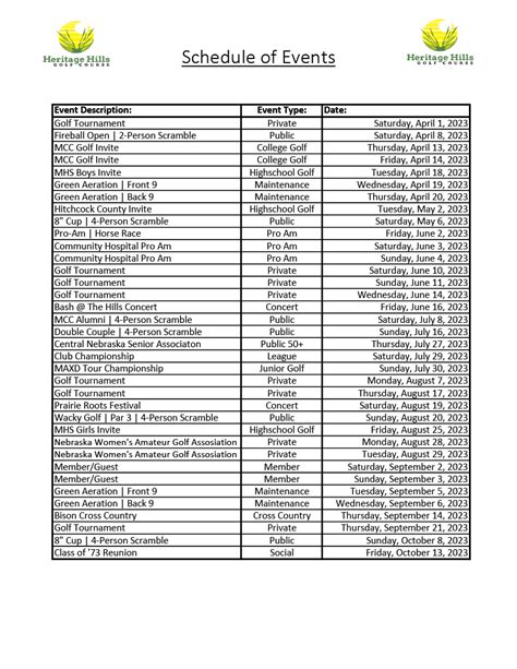 Schedule of Events - Heritage Hills Golf Course