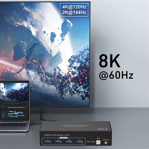 8K HDMI KVM Switch 4K 120Hz USB 3.0 2 Port Dual 2 Monitors 2 Computers ...