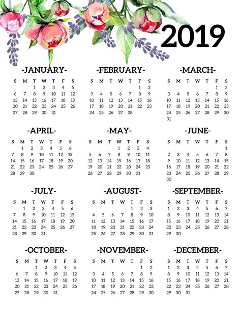 Free Printable 2019 Calendar Yearly One Page Floral - Paper Trail Design