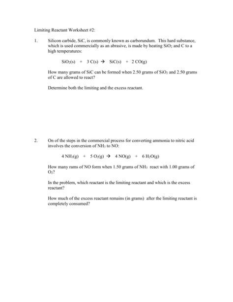 Limiting And Excess Reactant Worksheet