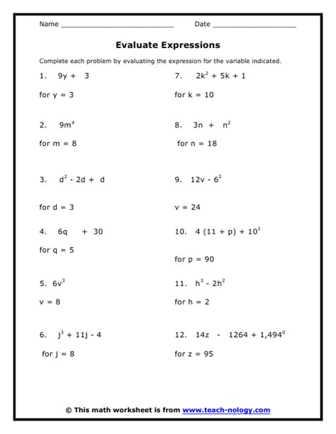 Evaluate Expressions Worksheet Answer Key