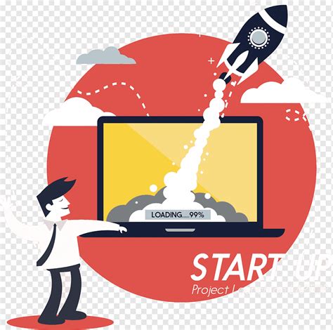 Startup concept banner male rocket computer screen, png | PNGWing