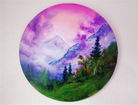 Mountain Mists ORIGINAL Acrylic Painting 12 Round - Etsy | Circular canvas painting, Sunset ...