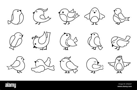 Cute bird outline cartoon set. Black line little birds, different poses ...