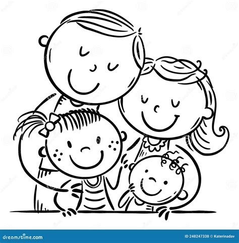 Hugging Kids Parents Embrace Their Children, Outline Cartoon Image Stock Vector - Illustration ...