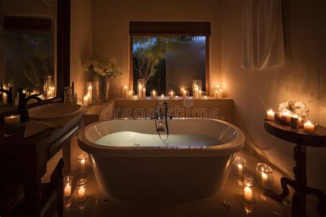 Bathroom, with Steamy Bubble Bath and Candles, for Peaceful and Relaxing Escape Stock ...