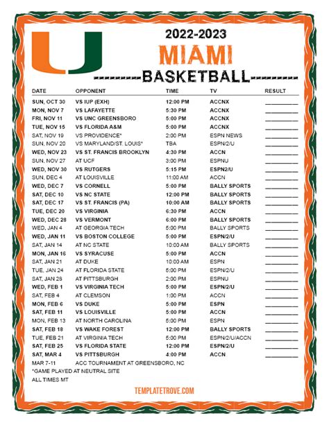 Printable 2022-2023 Miami Hurricanes Basketball Schedule