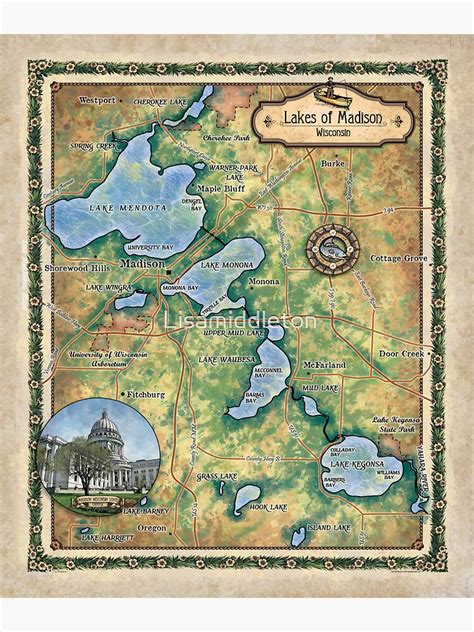 "Medota Madison Wi lakes map art Lisa Middleton Maps wholesale and hand ...