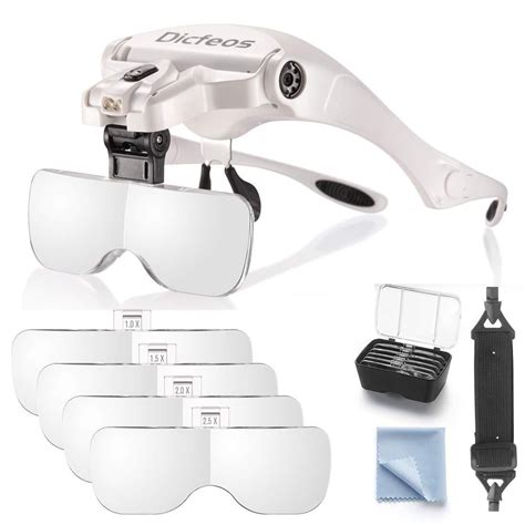 Dicfeos Headband Magnifier with LED Light, Head Mounted Magnifying Glasses for Close Work, 5 ...