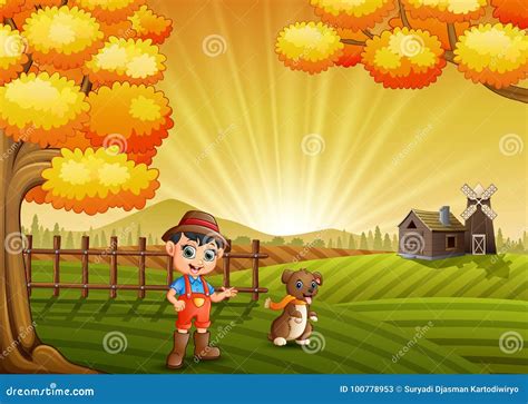 Cartoon Little Farmer with His Dog in the Farm Background Stock Vector - Illustration of child ...