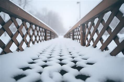 Premium AI Image | Old bridge with wooden railing covered with snow in ...