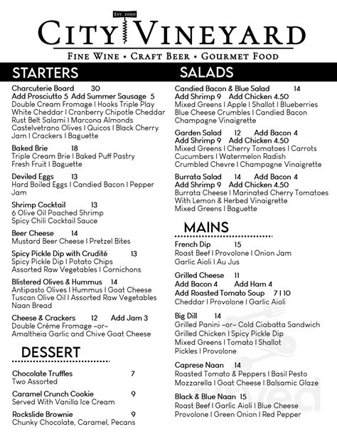 Menu for City Vineyard in Billings, MT | Sirved