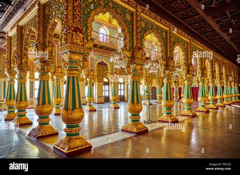 colorful columns in Private Durbar Hall, interior shot of Mysore Palace or ambavilas palace ...