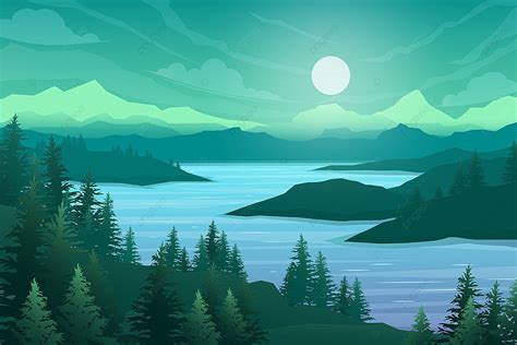 Nature Scene With River And Hills Vector Illustration Background, Tree ...