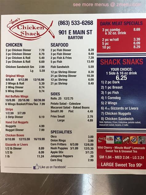 Menu at Tom's Chicken Shack restaurant, Bartow