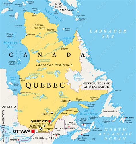 Quebec, largest province in the eastern part of Canada, political map. Largest province, located ...