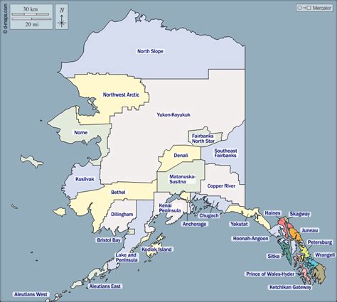 Alaska free map, free blank map, free outline map, free base map outline, boroughs, names, color