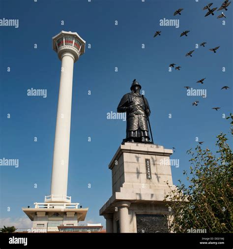 Busan Tower And Statue Of Admiral Yi Sun-Sin In Yongdusan Park; Busan ...