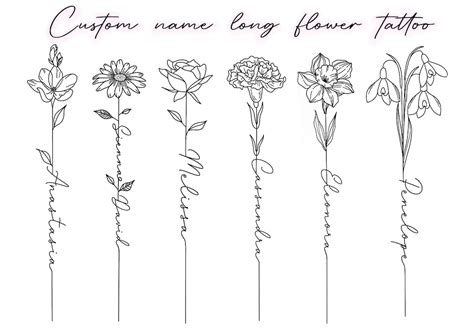 Custom Name Long Sleeve Birth Flower Tattoo Floral Name Tattoo ...