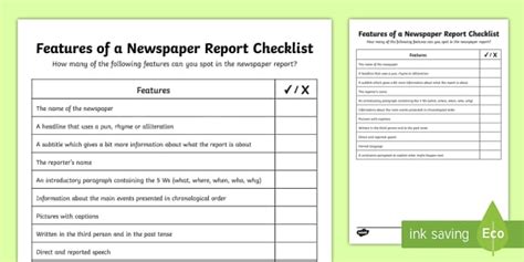 Features of a Newspaper article Checklist - Twinkl