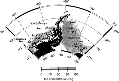 Map of the Bellingshausen/Amundsen (BA) and Weddell Sea, showing the ...