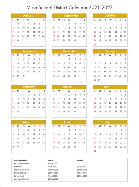 Mesa Unified School District Calendar Holidays 2021-2022