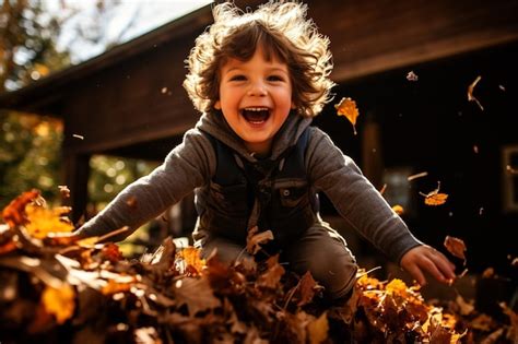 Premium AI Image | A child jumping into a pile of autumn leaves with a joyful expression