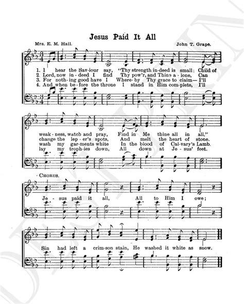 Jesus Paid It All Hymn Lyrics Hymnal Sheet Sheet Music Home Decor Inspirational Art Instant ...