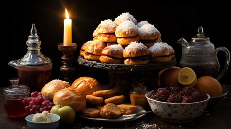 Premium AI Image | Latkes and Sufganiyot Galore Vibrant Hanukkah Food Creations