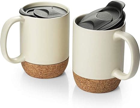 Amazon.com: DOWAN Coffee Mugs Set of 2, 15 OZ Ceramic Mug with Cork Bottom and Splash Proof Lid ...