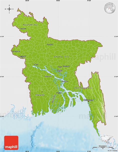 Physical Map of Bangladesh, single color outside