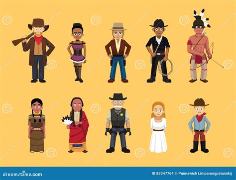 Western Wild West Cute Cartoon Characters Set Stock Vector ...