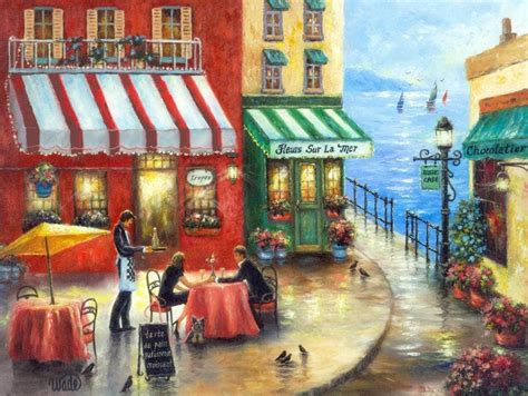 French Cafe Art Print lovers in France by the sea french