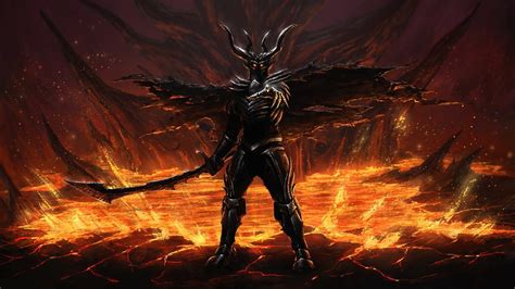 Demon with four horns wielding sword near lava ground wallpaper HD wallpaper | Wallpaper Flare