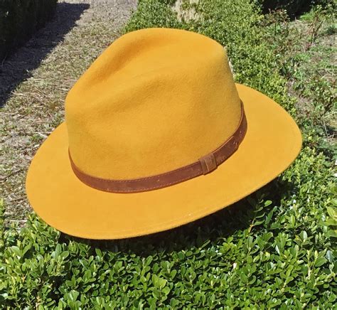 mustard yellow wool felt fedora hat - rose and bows