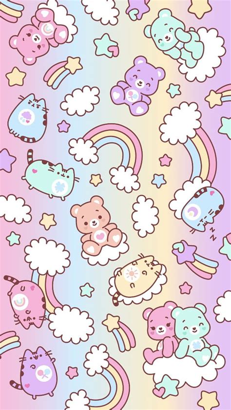 Pusheen CareBears, bears, cat, colorful, cute, pastel, pattern, rainbows, stars, HD phone ...