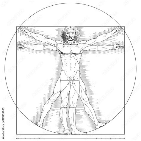 Illustration of Vitruvian man, Leonardo da Vinci drawing, Study of the anatomy of the human body ...