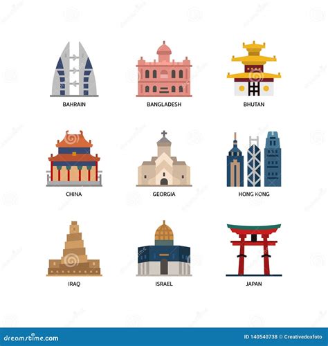 Asian Cities and Counties Landmarks Icons Set Stock Vector ...